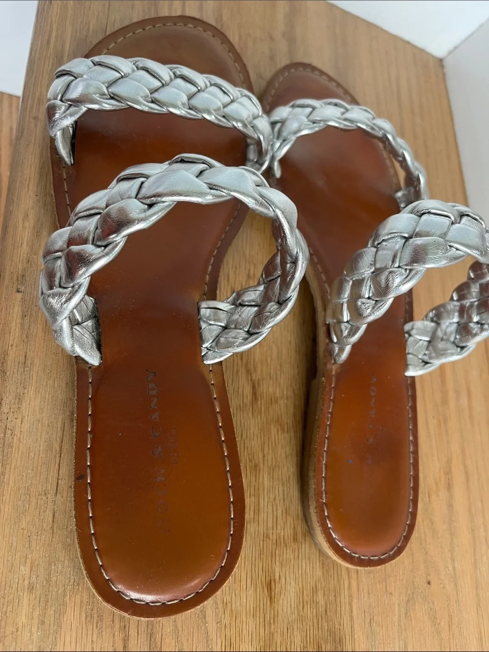 Rock & candy Brand Braided Metallic Silver Double-Strap Slide Sandals for Women